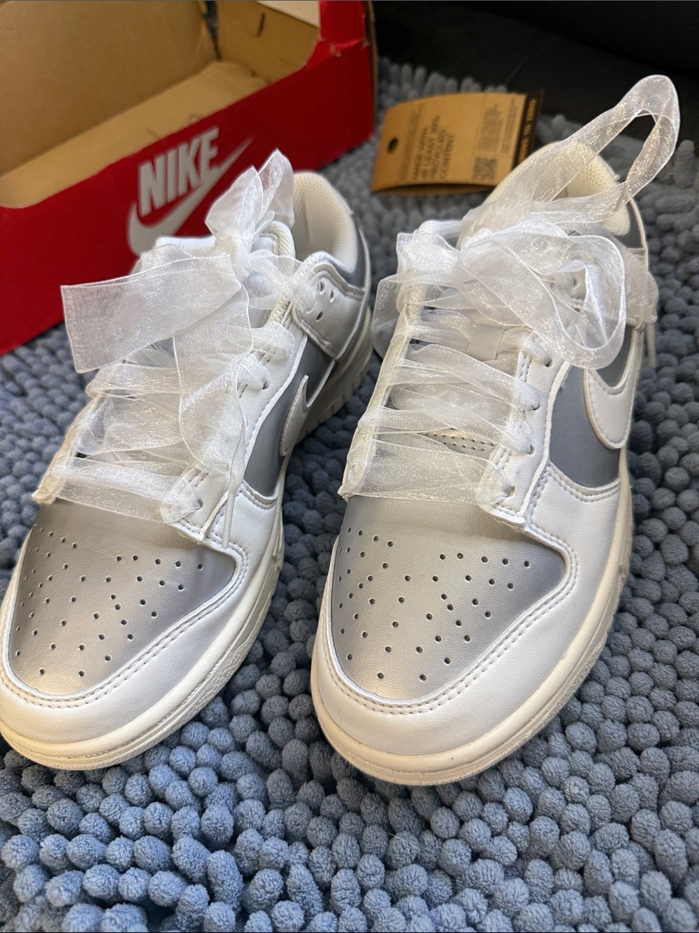 Nike White and Silver Low-Top Sneakers with Sheer Ribbon Laces